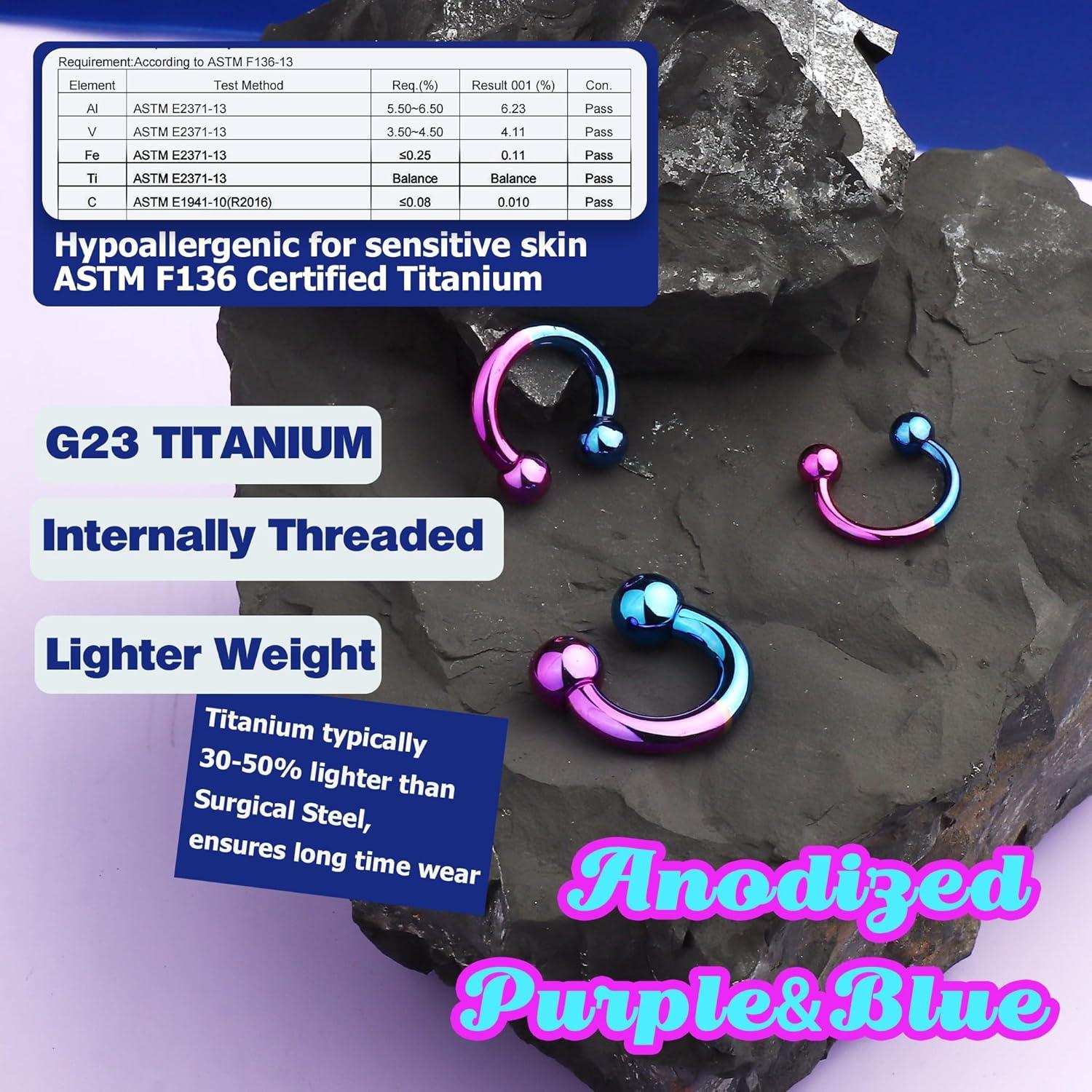 imageBodyBonita Anodized Septum Rings G23 Titanium Nose Ring Horseshoe Large PA Ring 6G 8G 12G Internally Threaded Circular Barbell Stretched Gauges for Ears CBR Body Piercing Jewelry for Women MenAnodized PurpleBlue