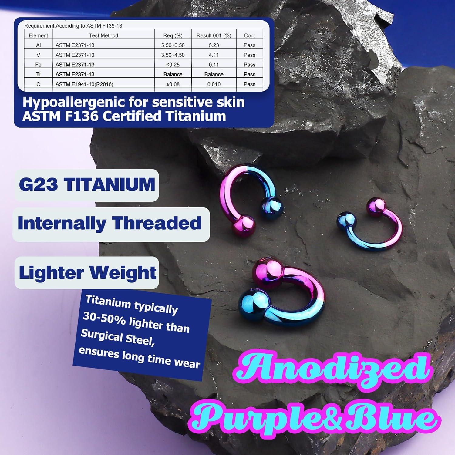 imageBodyBonita Anodized Septum Rings G23 Titanium Nose Ring Horseshoe Large PA Ring 6G 8G 12G Internally Threaded Circular Barbell Stretched Gauges for Ears CBR Body Piercing Jewelry for Women MenAnodized PurpleBlue