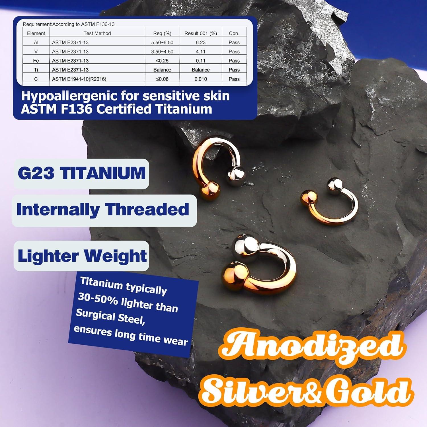 imageBodyBonita Anodized Septum Rings G23 Titanium Nose Ring Horseshoe Large PA Ring 6G 8G 12G Internally Threaded Circular Barbell Stretched Gauges for Ears CBR Body Piercing Jewelry for Women MenAnodized SilverGold