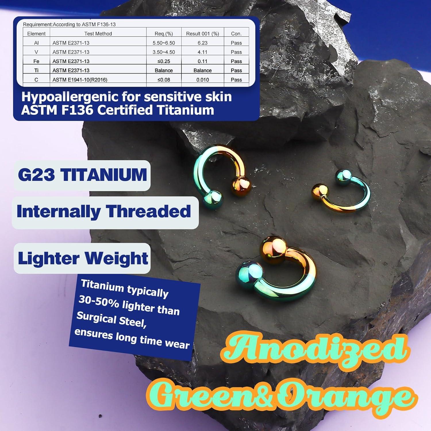 imageBodyBonita Anodized Septum Rings G23 Titanium Nose Ring Horseshoe Large PA Ring 6G 8G 12G Internally Threaded Circular Barbell Stretched Gauges for Ears CBR Body Piercing Jewelry for Women MenAnodized GreenOrange