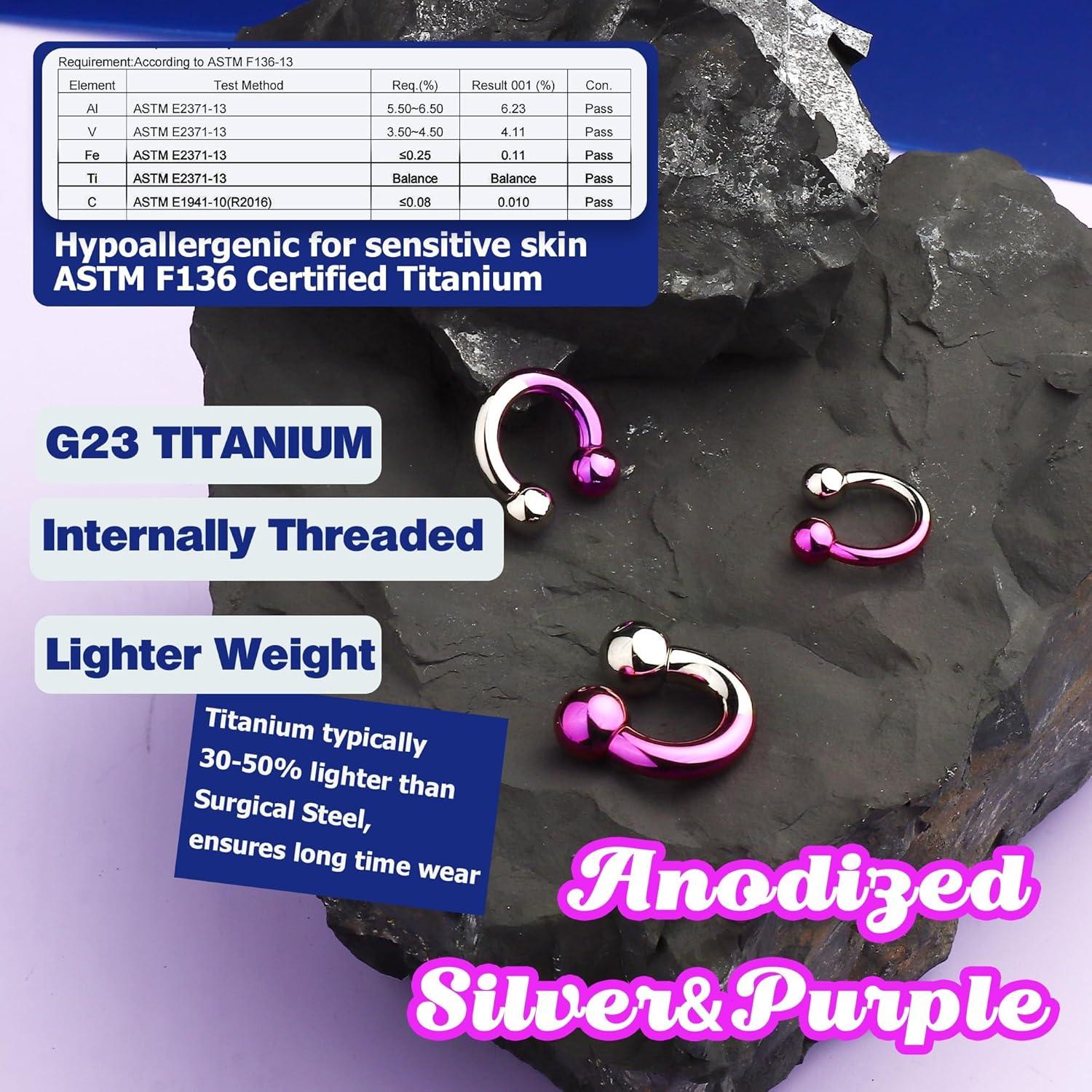 imageBodyBonita Anodized Septum Rings G23 Titanium Nose Ring Horseshoe Large PA Ring 6G 8G 12G Internally Threaded Circular Barbell Stretched Gauges for Ears CBR Body Piercing Jewelry for Women MenAnodized SilverPurple