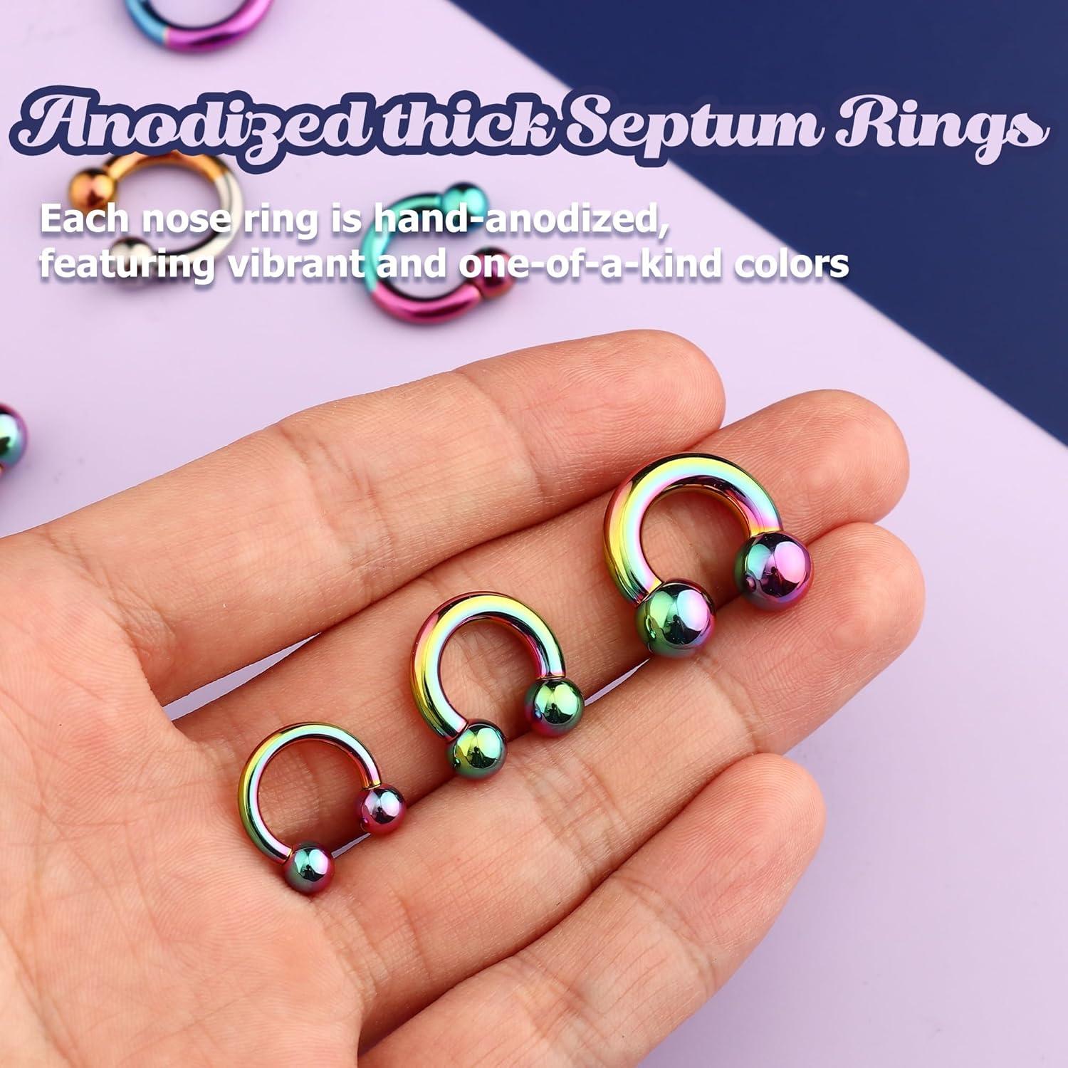 imageBodyBonita Anodized Septum Rings G23 Titanium Nose Ring Horseshoe Large PA Ring 6G 8G 12G Internally Threaded Circular Barbell Stretched Gauges for Ears CBR Body Piercing Jewelry for Women MenAnodized Rainbow