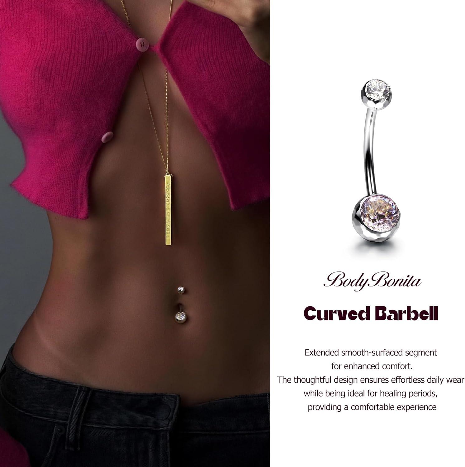imageBodyBonita ColorShifting Zircon Belly Button Ring 14G G23 Titanium Internally Threaded Belly Button Piercing Curved Barbell Belly Rings Navel Rings for Women with 10121416mm Bar SilverGradient Pink CZ