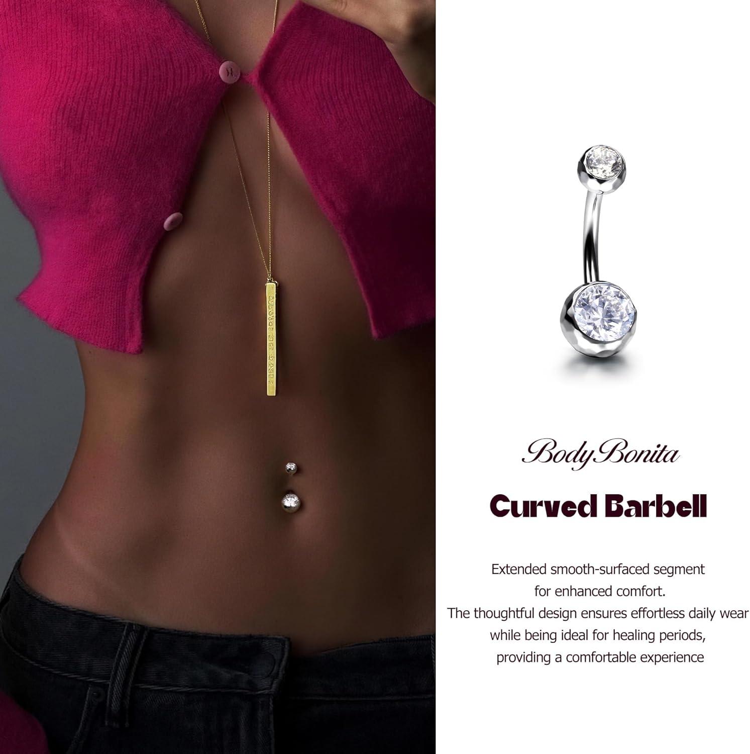 imageBodyBonita ColorShifting Zircon Belly Button Ring 14G G23 Titanium Internally Threaded Belly Button Piercing Curved Barbell Belly Rings Navel Rings for Women with 10121416mm Bar SilverWhite CZ