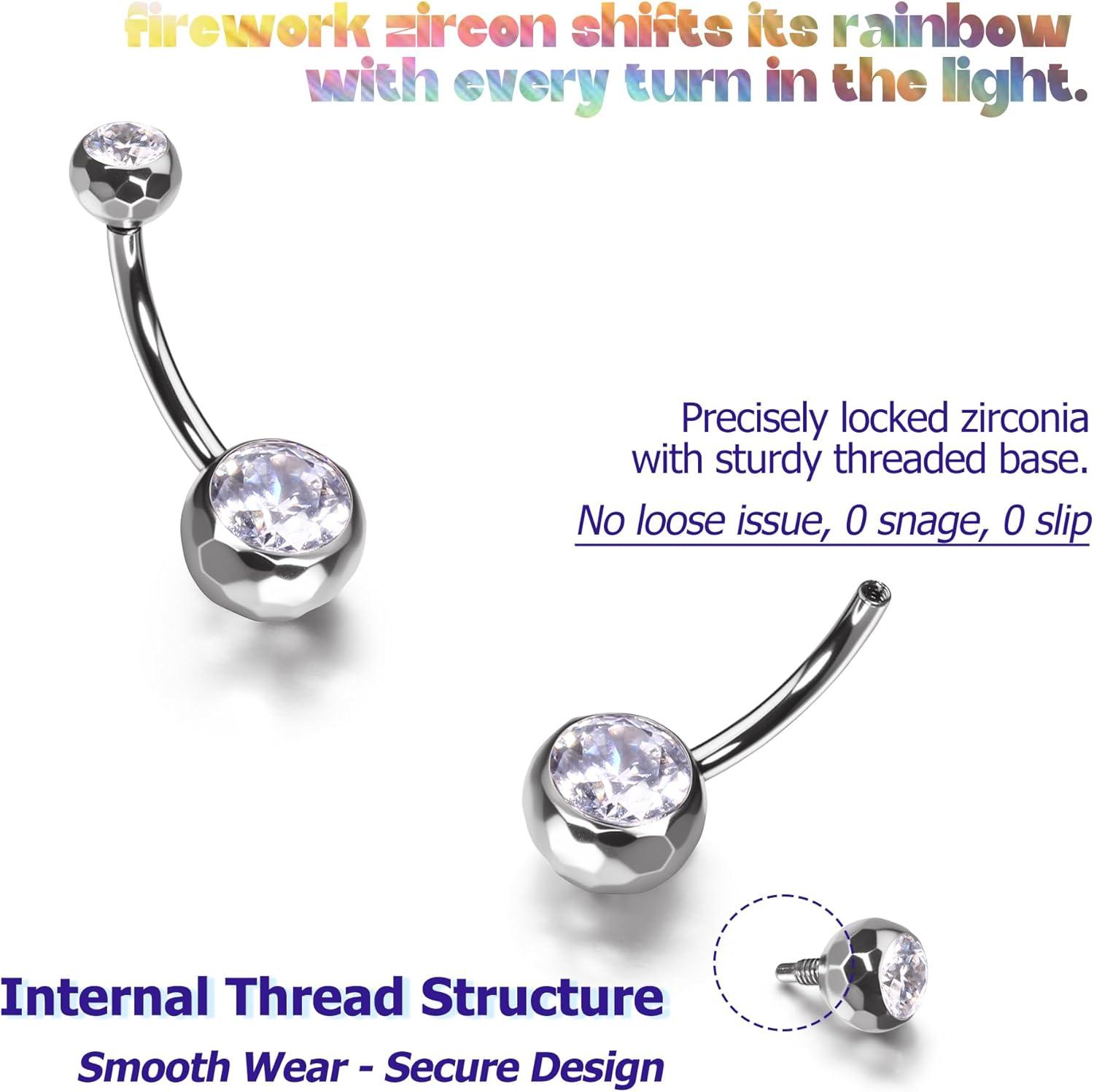 imageBodyBonita ColorShifting Zircon Belly Button Ring 14G G23 Titanium Internally Threaded Belly Button Piercing Curved Barbell Belly Rings Navel Rings for Women with 10121416mm Bar SilverWhite CZ