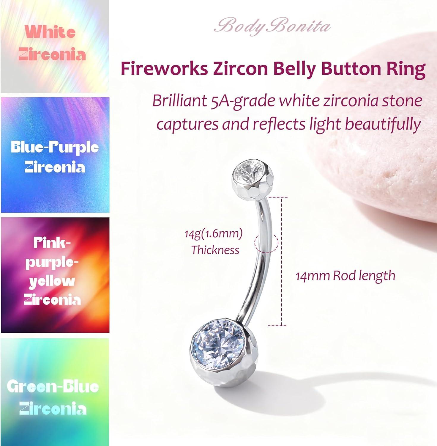 imageBodyBonita ColorShifting Zircon Belly Button Ring 14G G23 Titanium Internally Threaded Belly Button Piercing Curved Barbell Belly Rings Navel Rings for Women with 10121416mm Bar SilverWhite CZ