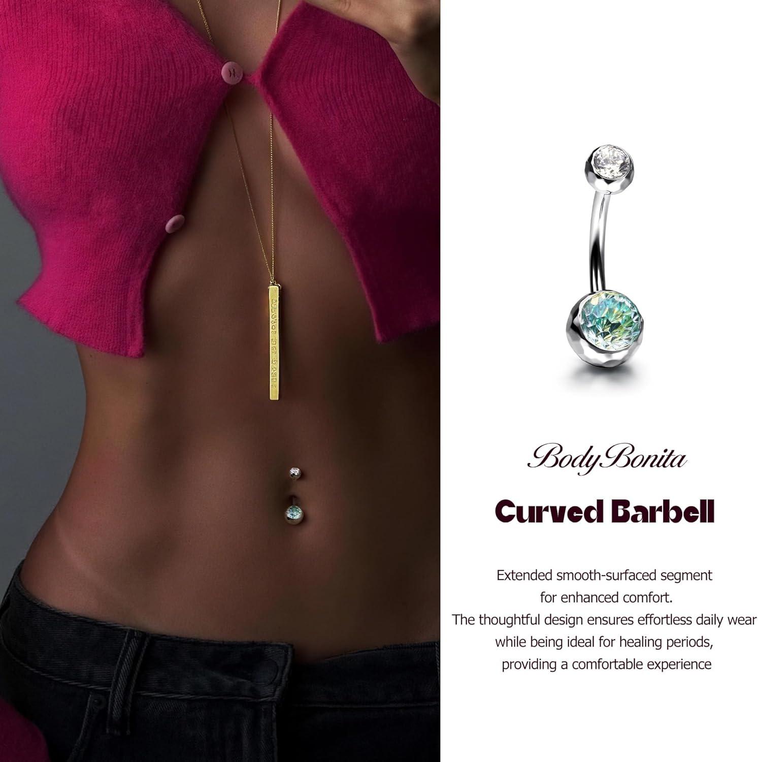 imageBodyBonita ColorShifting Zircon Belly Button Ring 14G G23 Titanium Internally Threaded Belly Button Piercing Curved Barbell Belly Rings Navel Rings for Women with 10121416mm Bar SilverGradient Green CZ