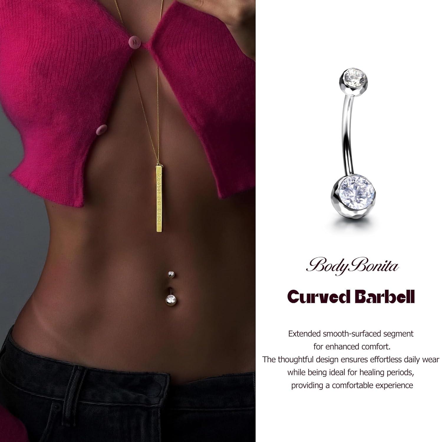 imageBodyBonita ColorShifting Zircon Belly Button Ring 14G G23 Titanium Internally Threaded Belly Button Piercing Curved Barbell Belly Rings Navel Rings for Women with 10121416mm Bar SilverWhite CZ