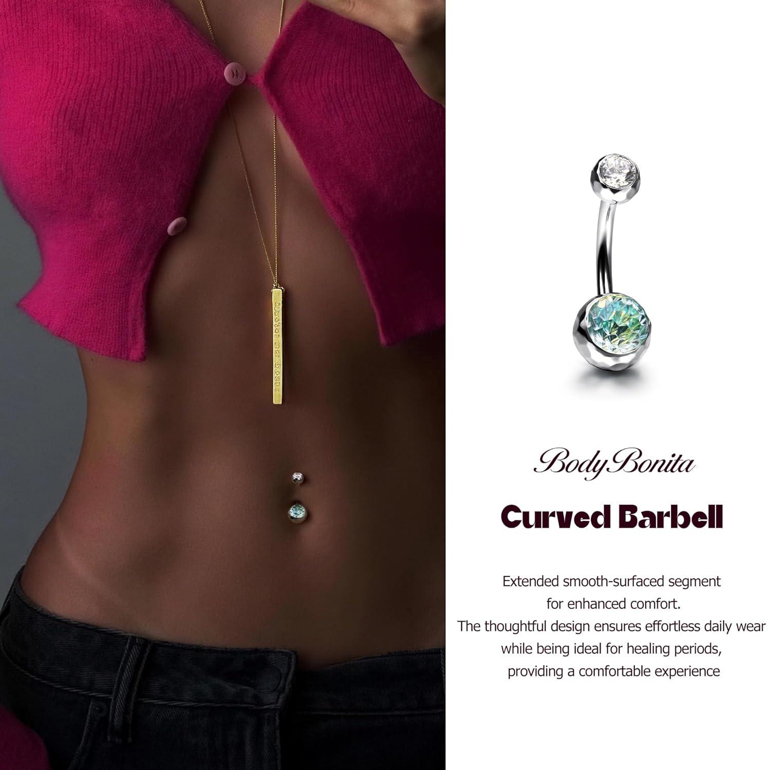 imageBodyBonita ColorShifting Zircon Belly Button Ring 14G G23 Titanium Internally Threaded Belly Button Piercing Curved Barbell Belly Rings Navel Rings for Women with 10121416mm Bar SilverGradient Green CZ