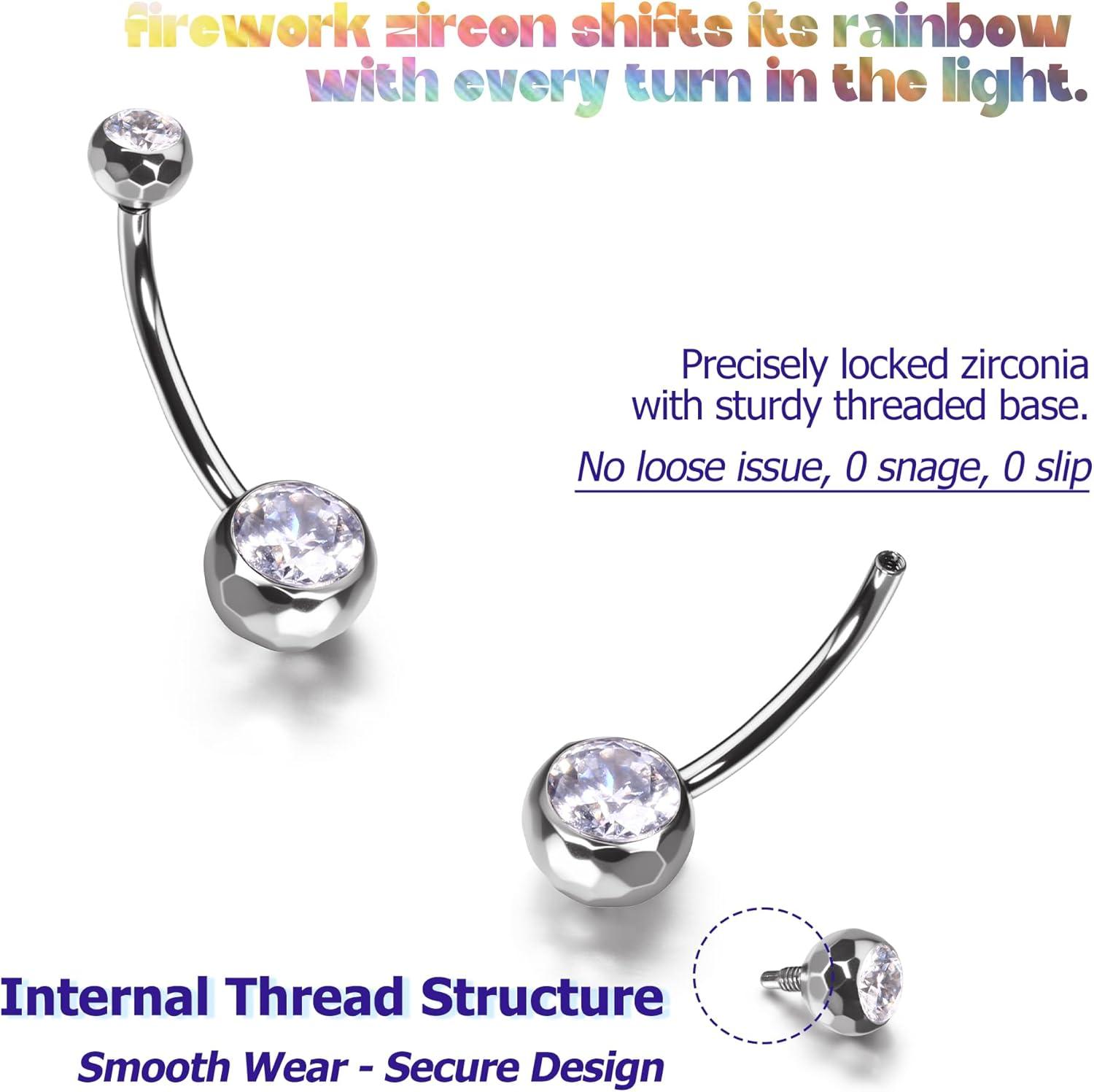 imageBodyBonita ColorShifting Zircon Belly Button Ring 14G G23 Titanium Internally Threaded Belly Button Piercing Curved Barbell Belly Rings Navel Rings for Women with 10121416mm Bar SilverWhite CZ