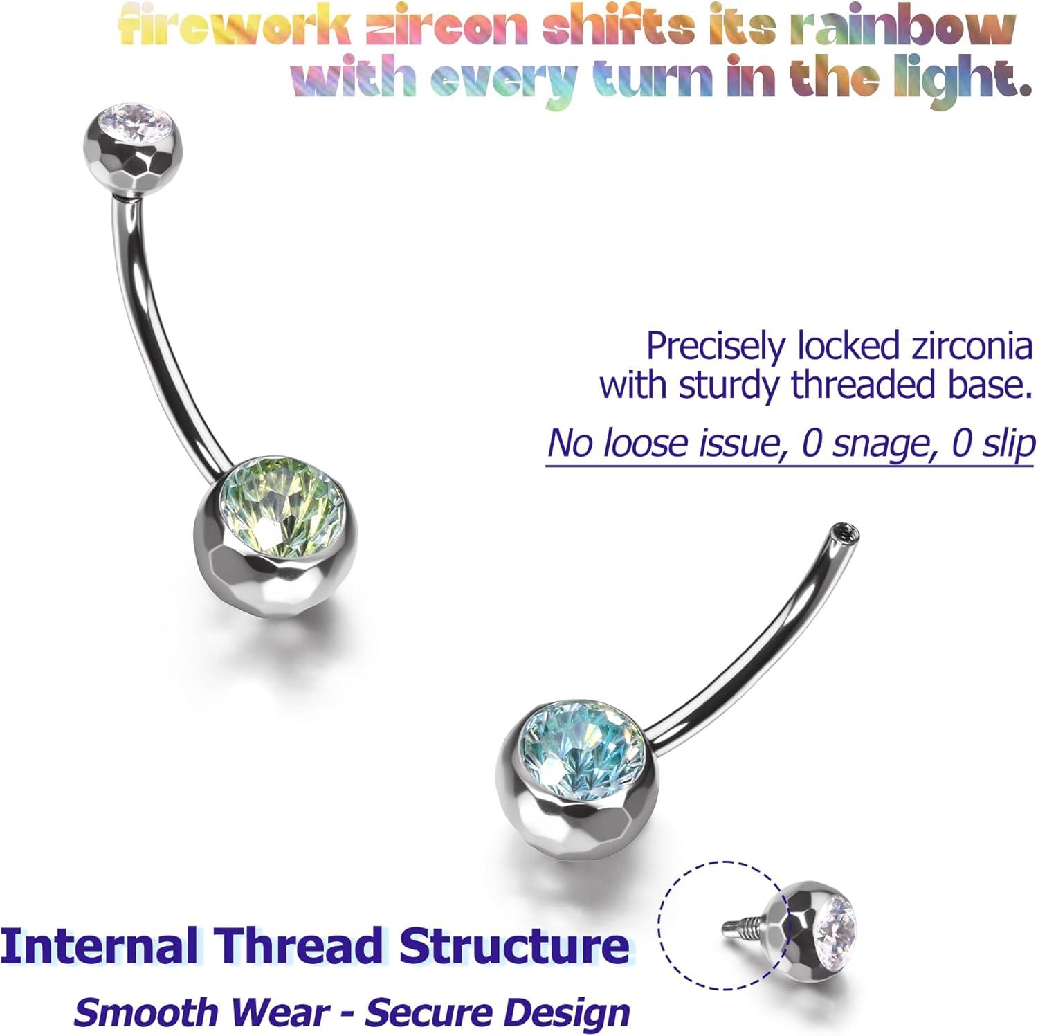imageBodyBonita ColorShifting Zircon Belly Button Ring 14G G23 Titanium Internally Threaded Belly Button Piercing Curved Barbell Belly Rings Navel Rings for Women with 10121416mm Bar SilverGradient Green CZ