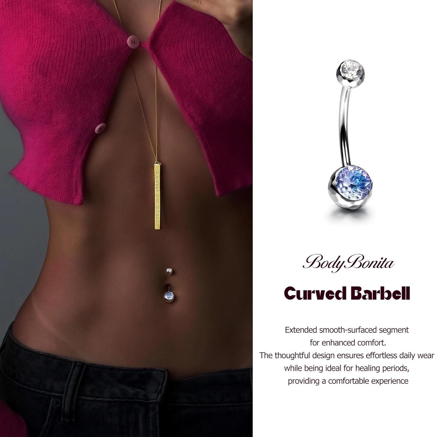 imageBodyBonita ColorShifting Zircon Belly Button Ring 14G G23 Titanium Internally Threaded Belly Button Piercing Curved Barbell Belly Rings Navel Rings for Women with 10121416mm Bar SilverGradient BluePurple CZ
