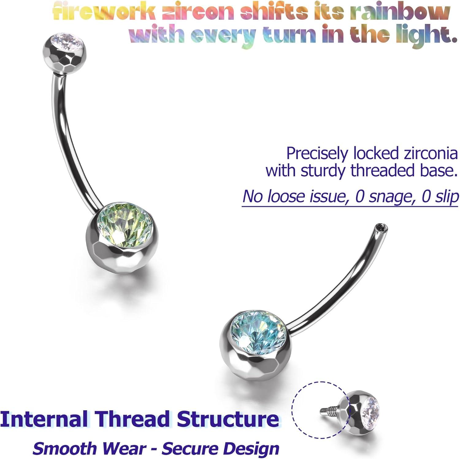 imageBodyBonita ColorShifting Zircon Belly Button Ring 14G G23 Titanium Internally Threaded Belly Button Piercing Curved Barbell Belly Rings Navel Rings for Women with 10121416mm Bar SilverGradient Green CZ