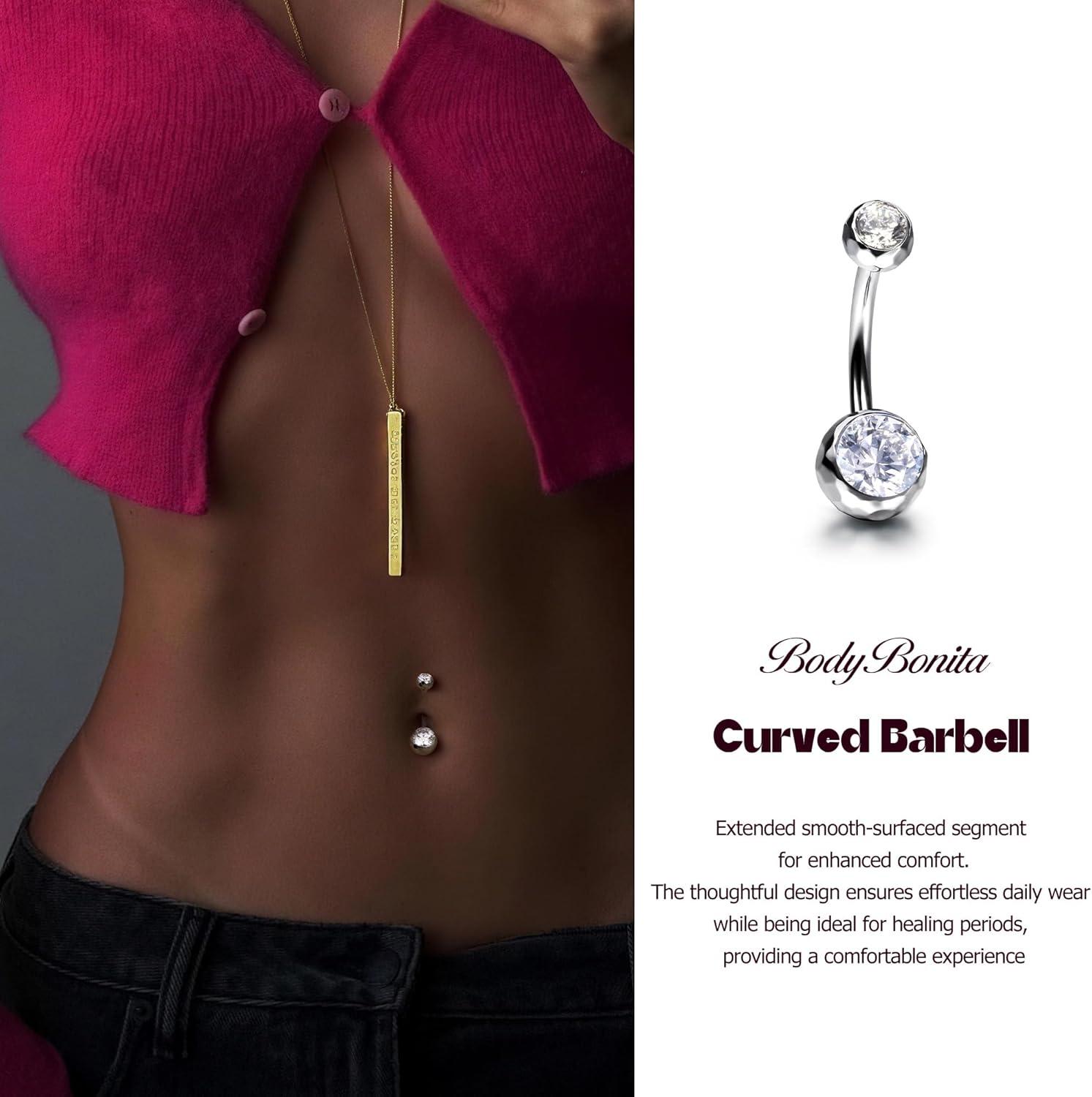 imageBodyBonita ColorShifting Zircon Belly Button Ring 14G G23 Titanium Internally Threaded Belly Button Piercing Curved Barbell Belly Rings Navel Rings for Women with 10121416mm Bar SilverWhite CZ