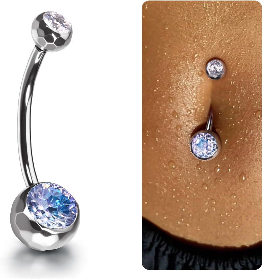 imageBodyBonita ColorShifting Zircon Belly Button Ring 14G G23 Titanium Internally Threaded Belly Button Piercing Curved Barbell Belly Rings Navel Rings for Women with 10121416mm Bar SilverGradient BluePurple CZ