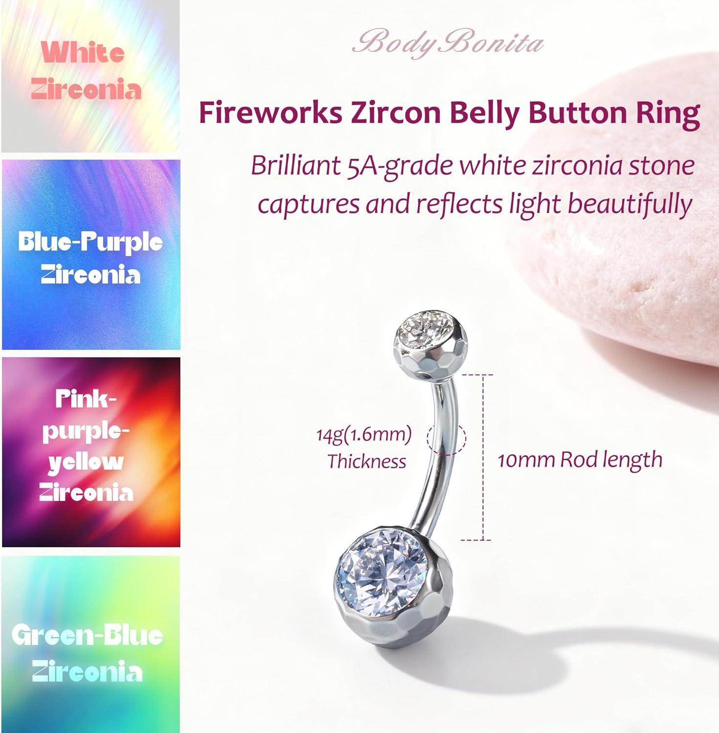 imageBodyBonita ColorShifting Zircon Belly Button Ring 14G G23 Titanium Internally Threaded Belly Button Piercing Curved Barbell Belly Rings Navel Rings for Women with 10121416mm Bar SilverWhite CZ