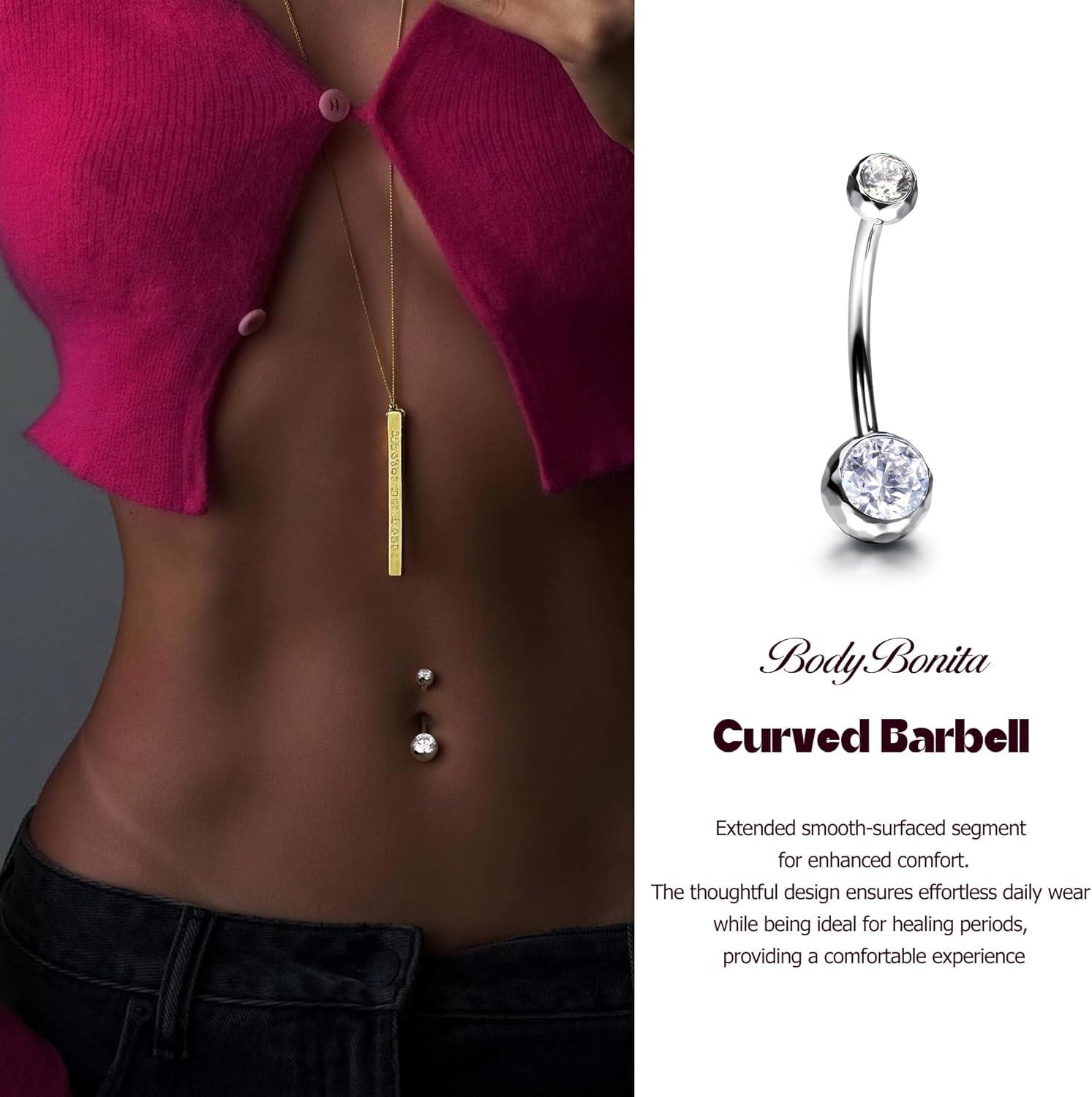 imageBodyBonita ColorShifting Zircon Belly Button Ring 14G G23 Titanium Internally Threaded Belly Button Piercing Curved Barbell Belly Rings Navel Rings for Women with 10121416mm Bar SilverWhite CZ