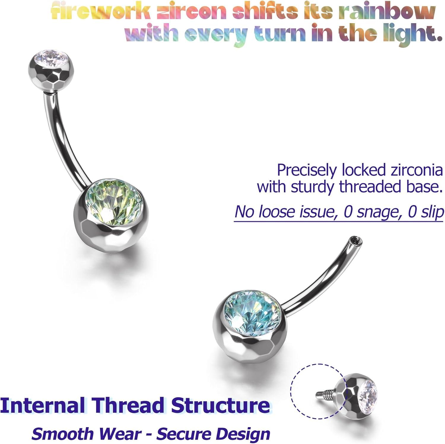 imageBodyBonita ColorShifting Zircon Belly Button Ring 14G G23 Titanium Internally Threaded Belly Button Piercing Curved Barbell Belly Rings Navel Rings for Women with 10121416mm Bar SilverGradient Green CZ