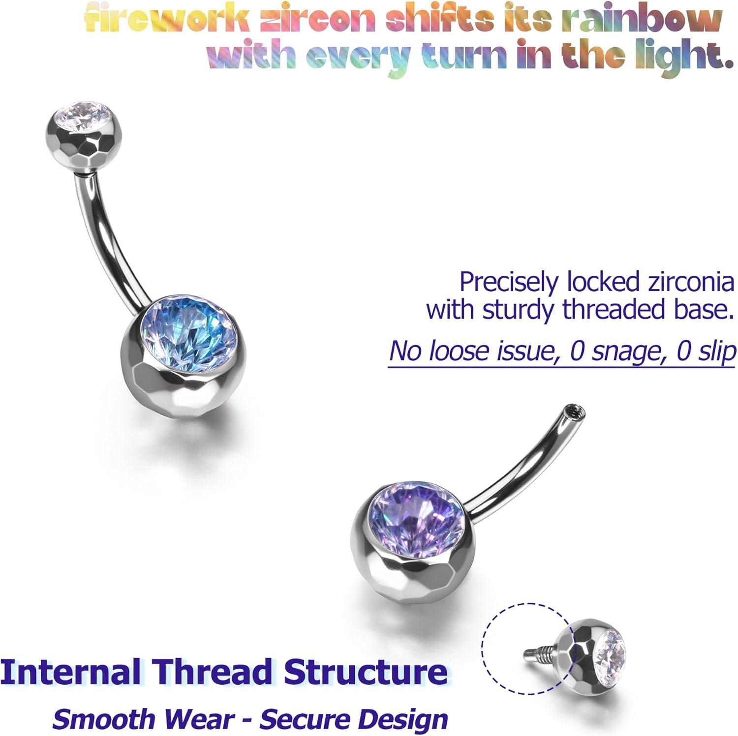 imageBodyBonita ColorShifting Zircon Belly Button Ring 14G G23 Titanium Internally Threaded Belly Button Piercing Curved Barbell Belly Rings Navel Rings for Women with 10121416mm Bar SilverGradient BluePurple CZ