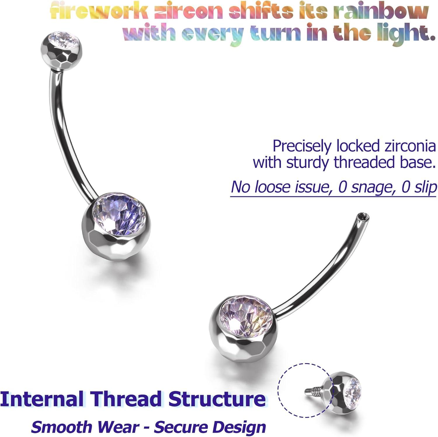 imageBodyBonita ColorShifting Zircon Belly Button Ring 14G G23 Titanium Internally Threaded Belly Button Piercing Curved Barbell Belly Rings Navel Rings for Women with 10121416mm Bar SilverGradient Pink CZ