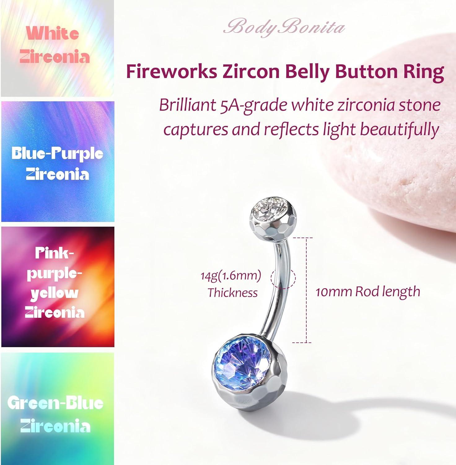 imageBodyBonita ColorShifting Zircon Belly Button Ring 14G G23 Titanium Internally Threaded Belly Button Piercing Curved Barbell Belly Rings Navel Rings for Women with 10121416mm Bar SilverGradient BluePurple CZ
