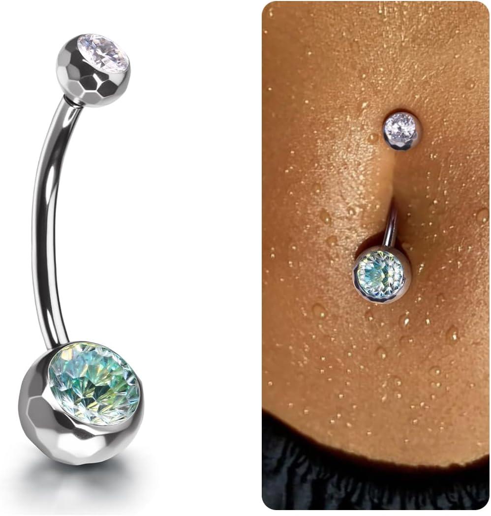 imageBodyBonita ColorShifting Zircon Belly Button Ring 14G G23 Titanium Internally Threaded Belly Button Piercing Curved Barbell Belly Rings Navel Rings for Women with 10121416mm Bar SilverGradient Green CZ