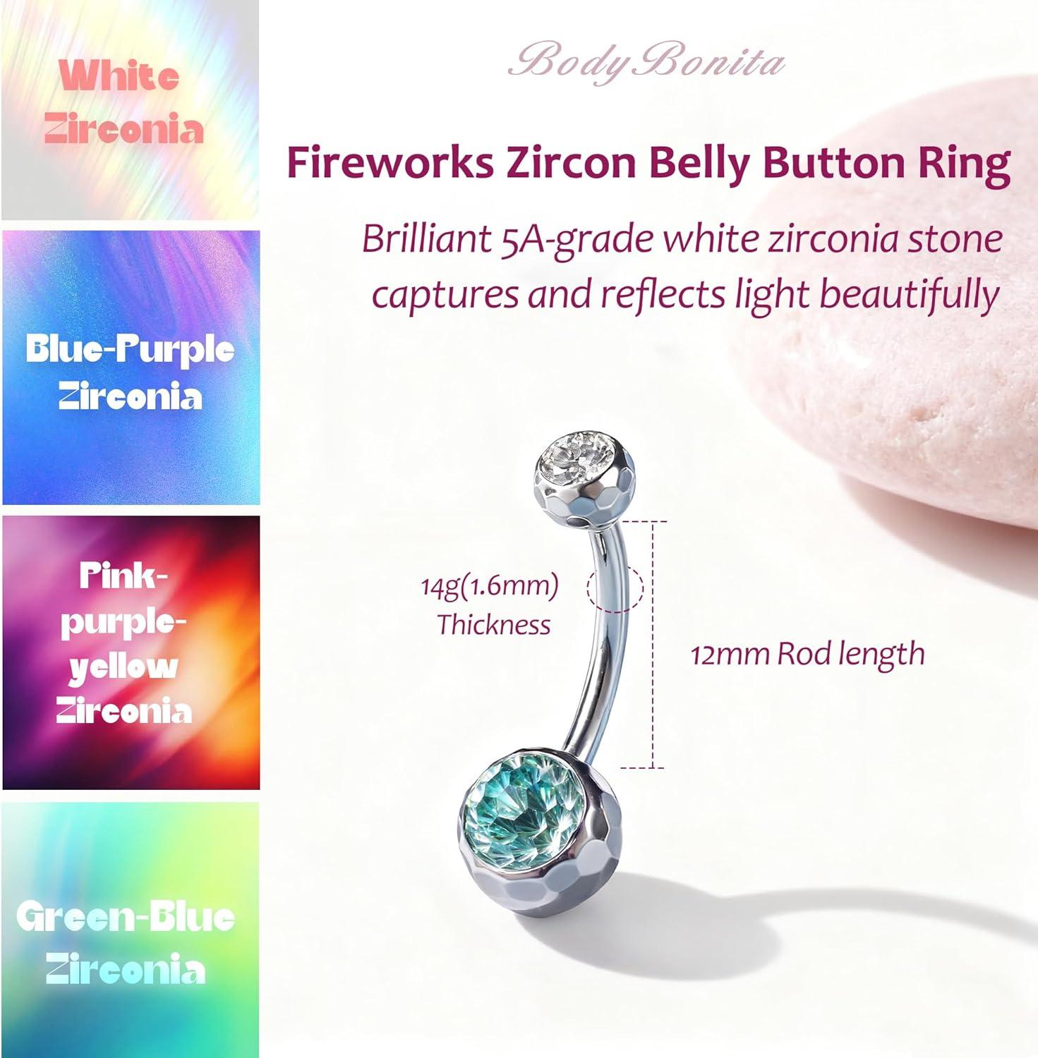 imageBodyBonita ColorShifting Zircon Belly Button Ring 14G G23 Titanium Internally Threaded Belly Button Piercing Curved Barbell Belly Rings Navel Rings for Women with 10121416mm Bar SilverGradient Green CZ