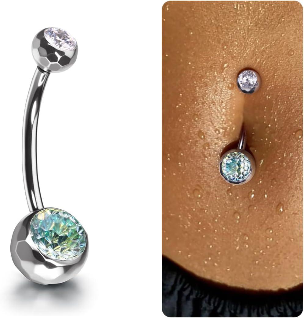 imageBodyBonita ColorShifting Zircon Belly Button Ring 14G G23 Titanium Internally Threaded Belly Button Piercing Curved Barbell Belly Rings Navel Rings for Women with 10121416mm Bar SilverGradient Green CZ