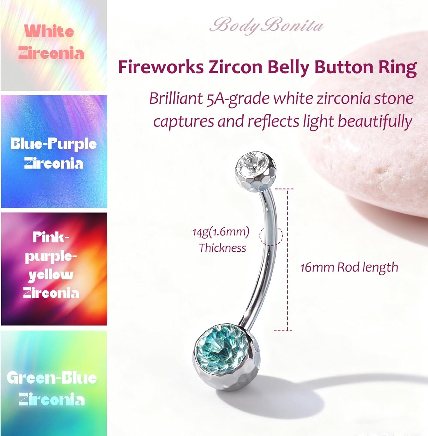 imageBodyBonita ColorShifting Zircon Belly Button Ring 14G G23 Titanium Internally Threaded Belly Button Piercing Curved Barbell Belly Rings Navel Rings for Women with 10121416mm Bar SilverGradient Green CZ