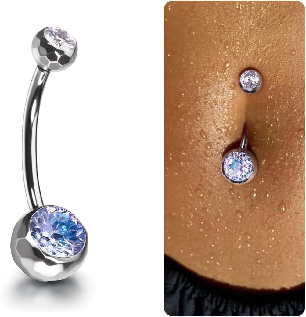 imageBodyBonita ColorShifting Zircon Belly Button Ring 14G G23 Titanium Internally Threaded Belly Button Piercing Curved Barbell Belly Rings Navel Rings for Women with 10121416mm Bar SilverGradient BluePurple CZ