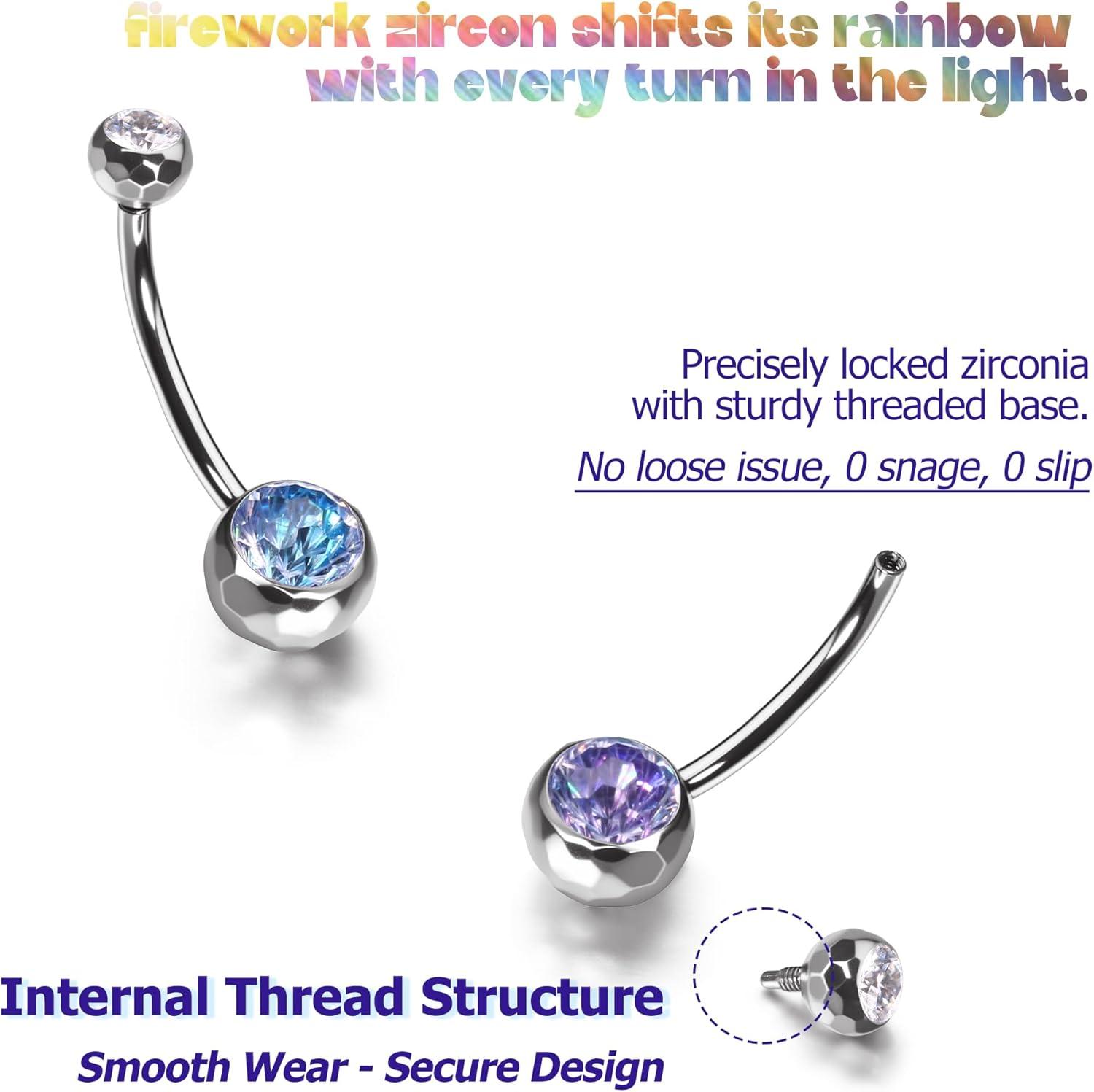 imageBodyBonita ColorShifting Zircon Belly Button Ring 14G G23 Titanium Internally Threaded Belly Button Piercing Curved Barbell Belly Rings Navel Rings for Women with 10121416mm Bar SilverGradient BluePurple CZ