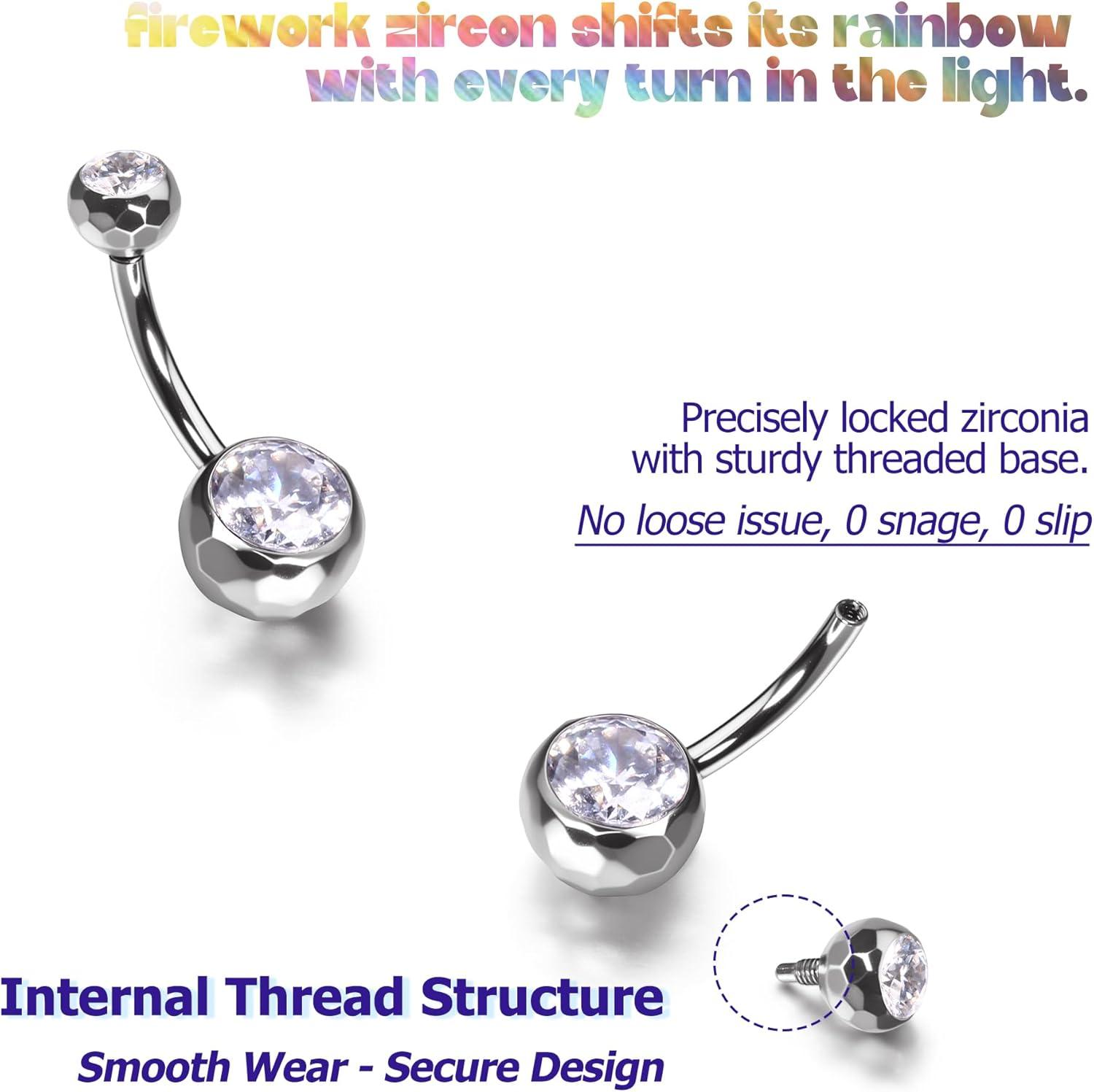 imageBodyBonita ColorShifting Zircon Belly Button Ring 14G G23 Titanium Internally Threaded Belly Button Piercing Curved Barbell Belly Rings Navel Rings for Women with 10121416mm Bar SilverWhite CZ