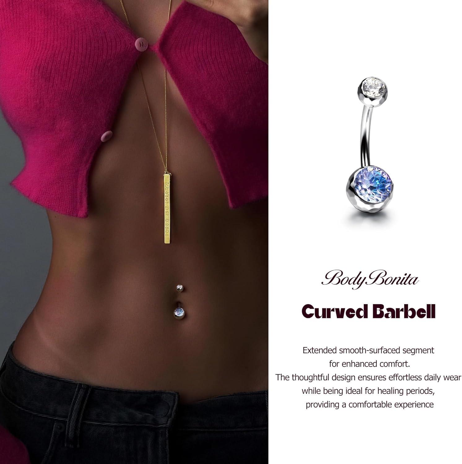 imageBodyBonita ColorShifting Zircon Belly Button Ring 14G G23 Titanium Internally Threaded Belly Button Piercing Curved Barbell Belly Rings Navel Rings for Women with 10121416mm Bar SilverGradient BluePurple CZ