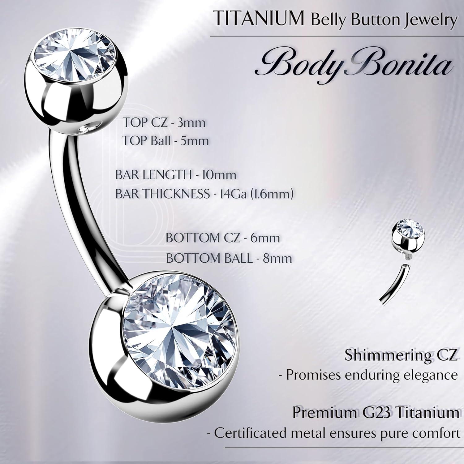 imageBodyBonita G23 Titanium Belly Button Rings 14G Internally Threaded 14mm Belly Ring Round Square Star Teardrop CZ Navel Rings for WomenBallA
