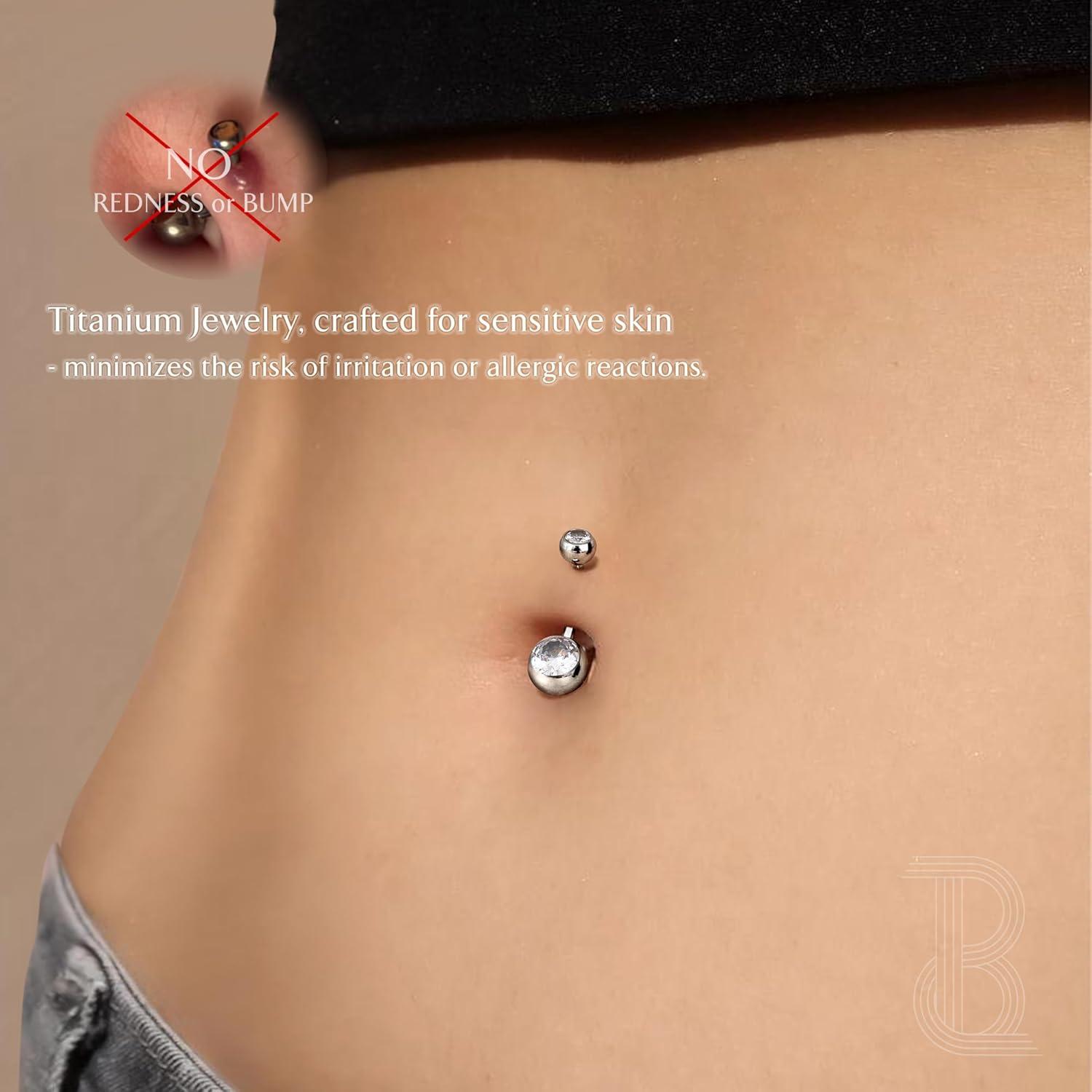 imageBodyBonita G23 Titanium Belly Button Rings 14G Internally Threaded 14mm Belly Ring Round Square Star Teardrop CZ Navel Rings for WomenBallA