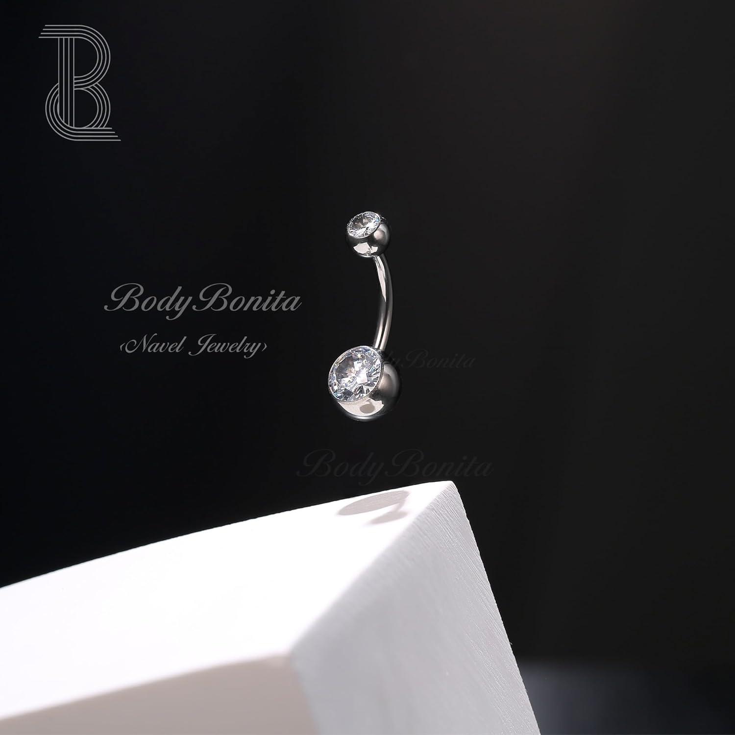 imageBodyBonita G23 Titanium Belly Button Rings 14G Internally Threaded 14mm Belly Ring Round Square Star Teardrop CZ Navel Rings for WomenBallA