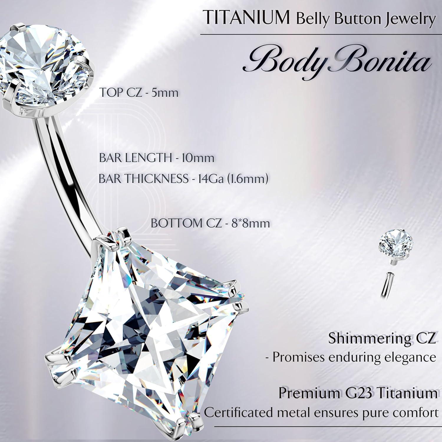 imageBodyBonita G23 Titanium Belly Button Rings 14G Internally Threaded 14mm Belly Ring Round Square Star Teardrop CZ Navel Rings for WomenRhomboid