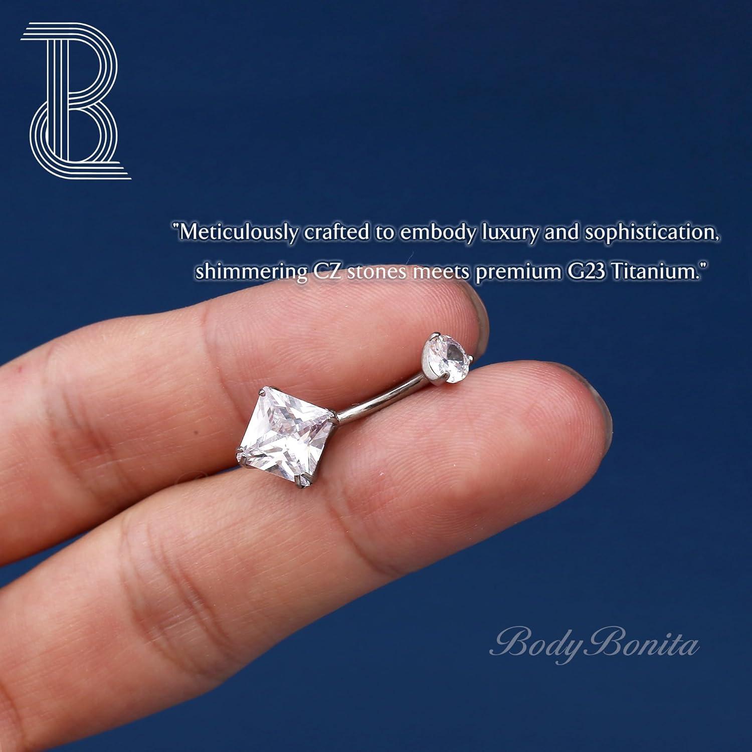 imageBodyBonita G23 Titanium Belly Button Rings 14G Internally Threaded 14mm Belly Ring Round Square Star Teardrop CZ Navel Rings for WomenRhomboid