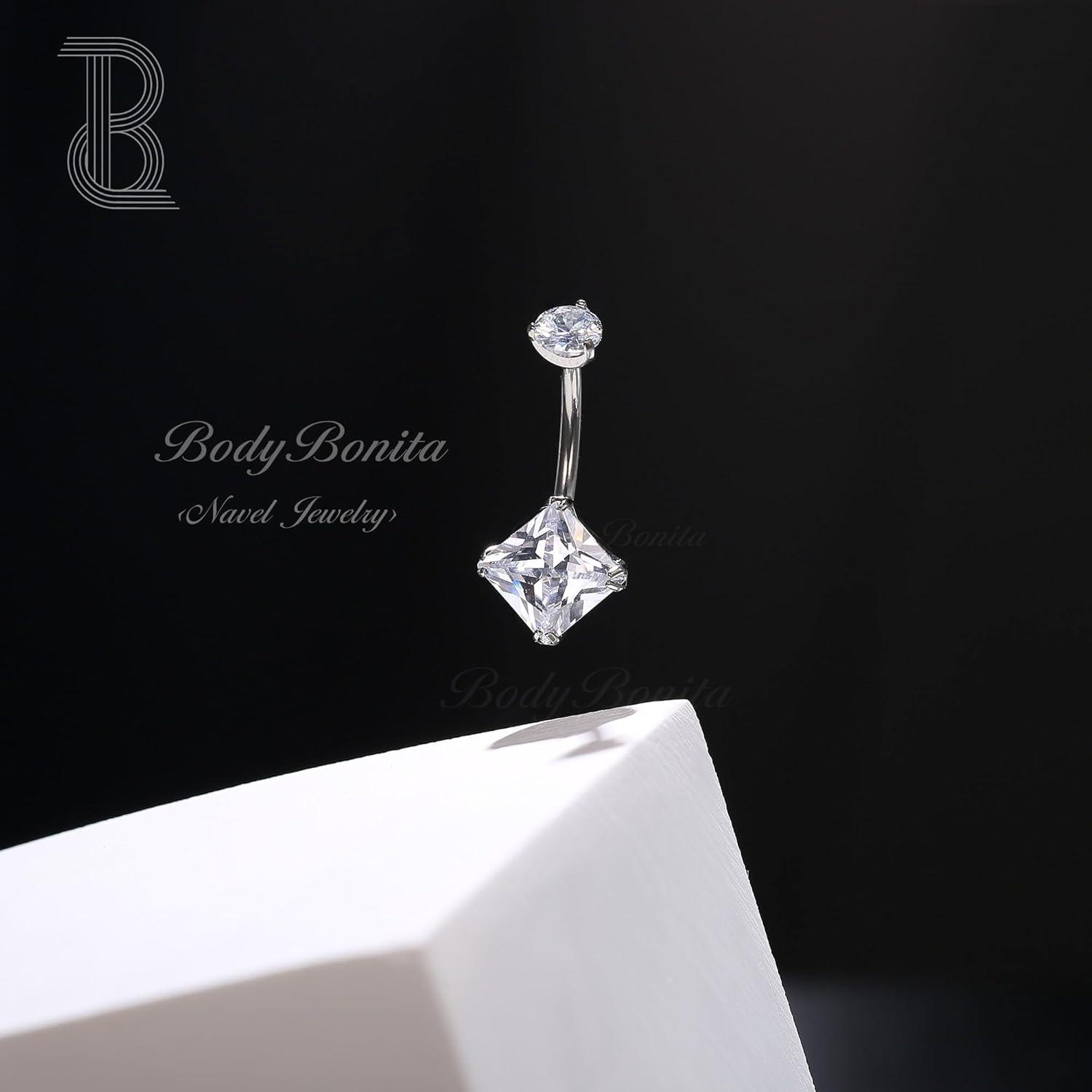 imageBodyBonita G23 Titanium Belly Button Rings 14G Internally Threaded 14mm Belly Ring Round Square Star Teardrop CZ Navel Rings for WomenRhomboid