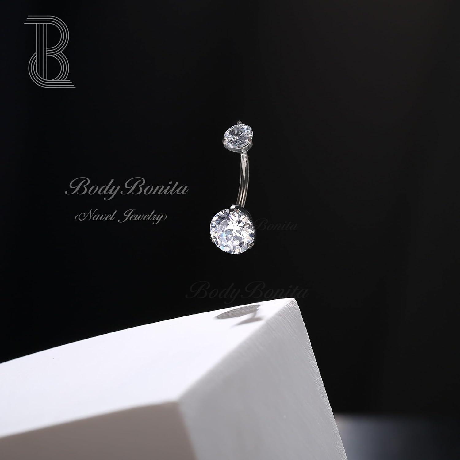 imageBodyBonita G23 Titanium Belly Button Rings 14G Internally Threaded 14mm Belly Ring Round Square Star Teardrop CZ Navel Rings for WomenRoundA