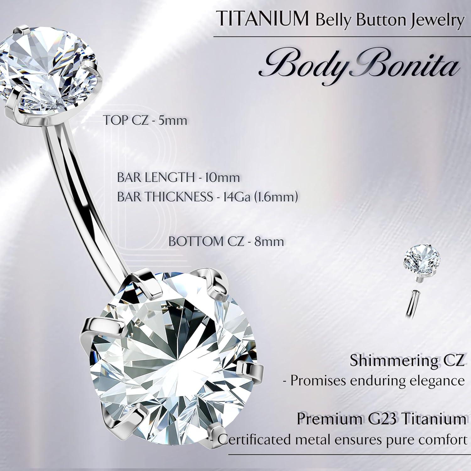 imageBodyBonita G23 Titanium Belly Button Rings 14G Internally Threaded 14mm Belly Ring Round Square Star Teardrop CZ Navel Rings for WomenRoundA