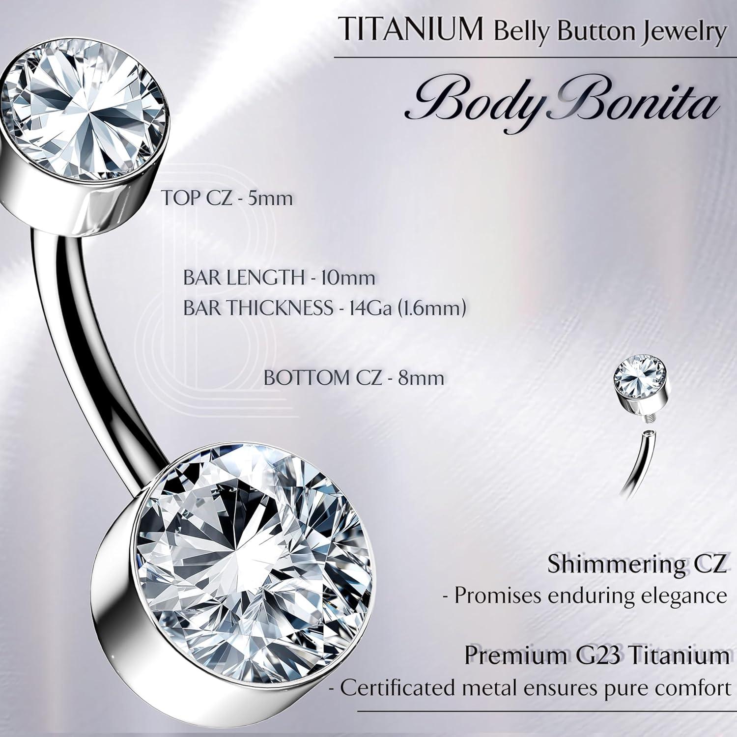 imageBodyBonita G23 Titanium Belly Button Rings 14G Internally Threaded 14mm Belly Ring Round Square Star Teardrop CZ Navel Rings for WomenRoundB