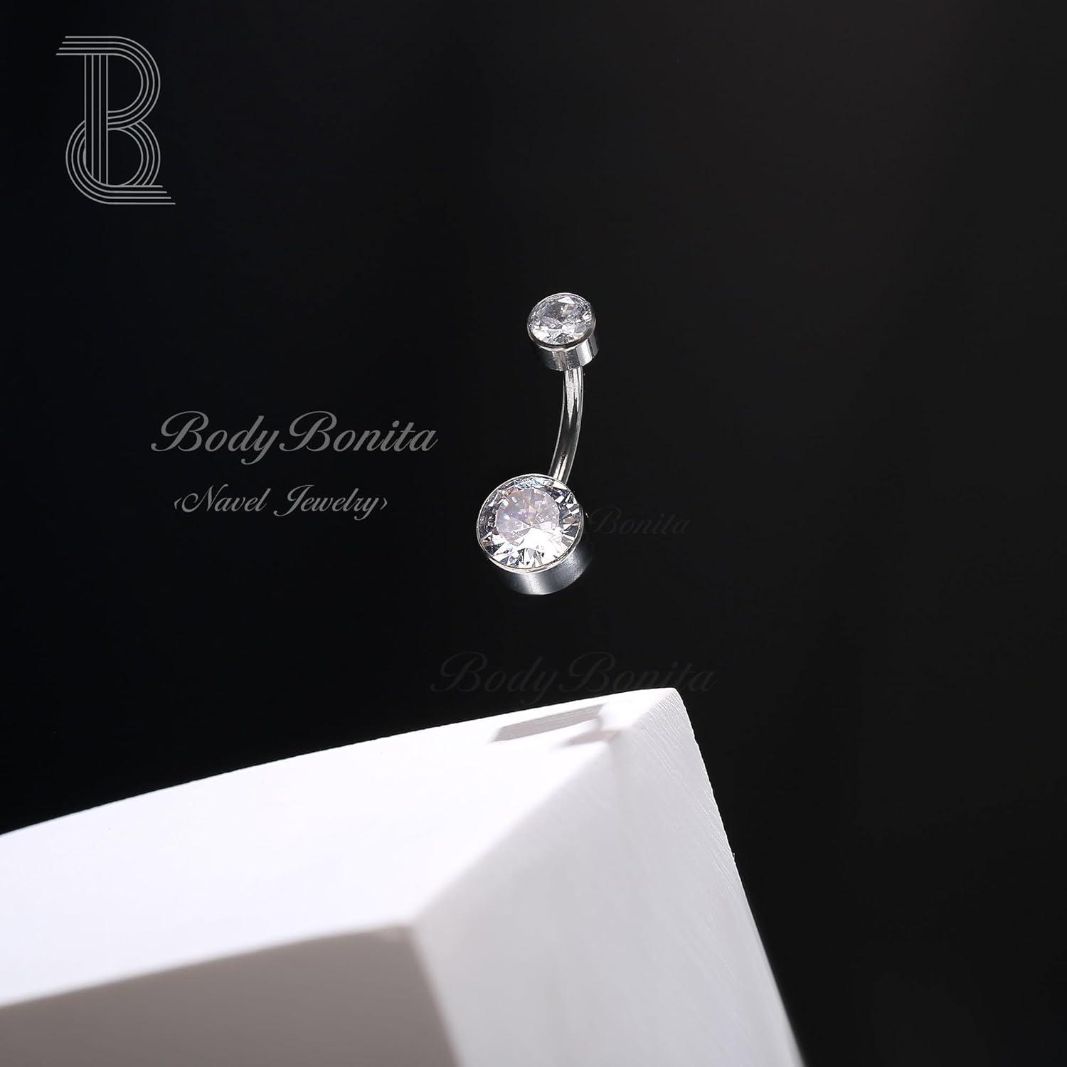 imageBodyBonita G23 Titanium Belly Button Rings 14G Internally Threaded 14mm Belly Ring Round Square Star Teardrop CZ Navel Rings for WomenRoundB