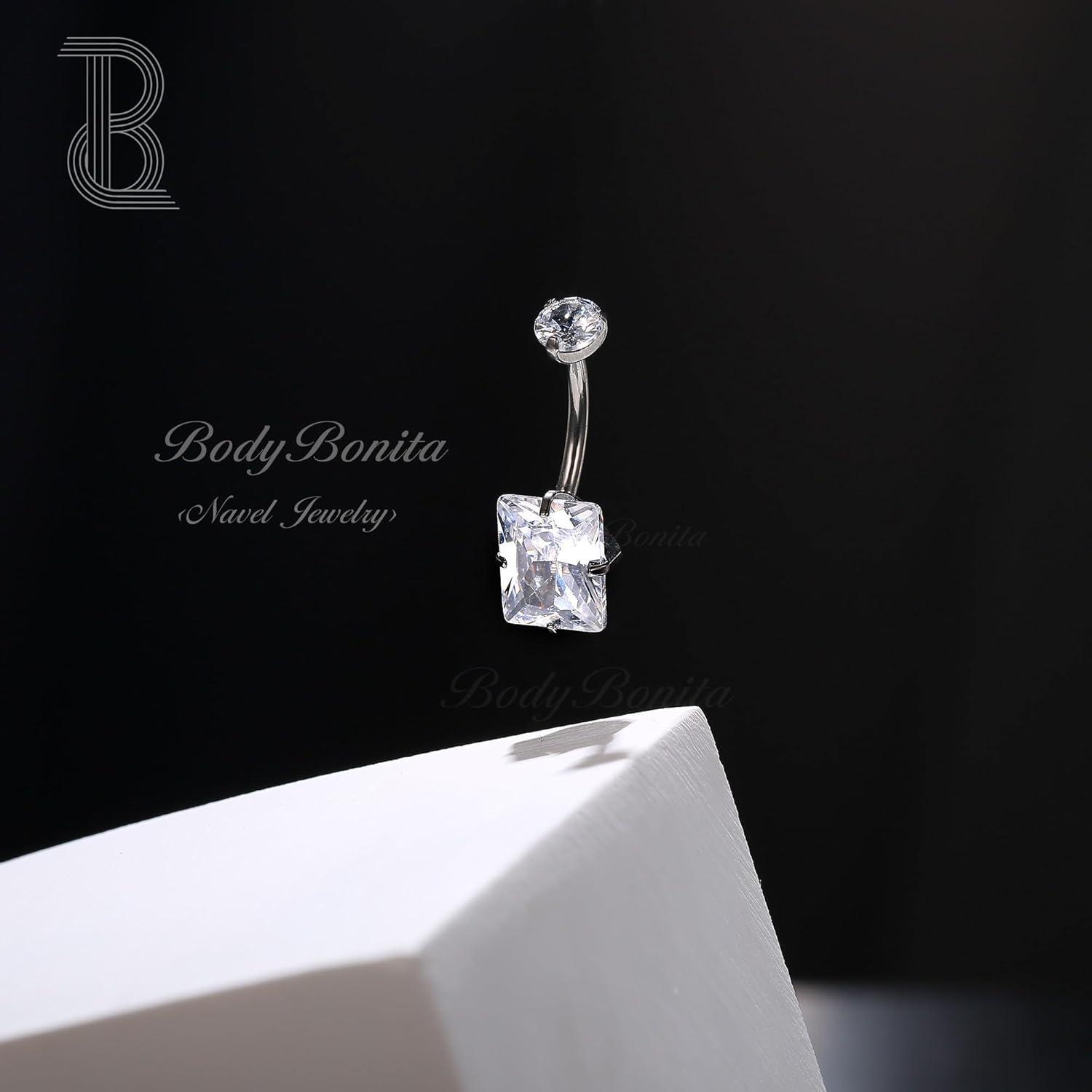 imageBodyBonita G23 Titanium Belly Button Rings 14G Internally Threaded 14mm Belly Ring Round Square Star Teardrop CZ Navel Rings for WomenSquare