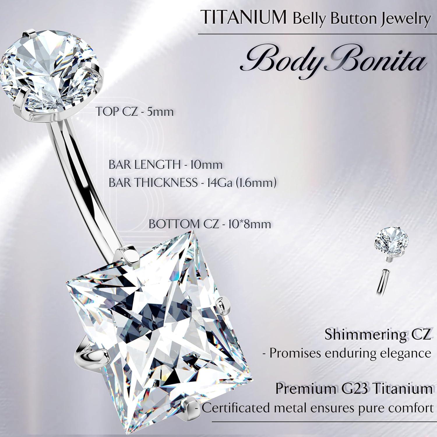 imageBodyBonita G23 Titanium Belly Button Rings 14G Internally Threaded 14mm Belly Ring Round Square Star Teardrop CZ Navel Rings for WomenSquare