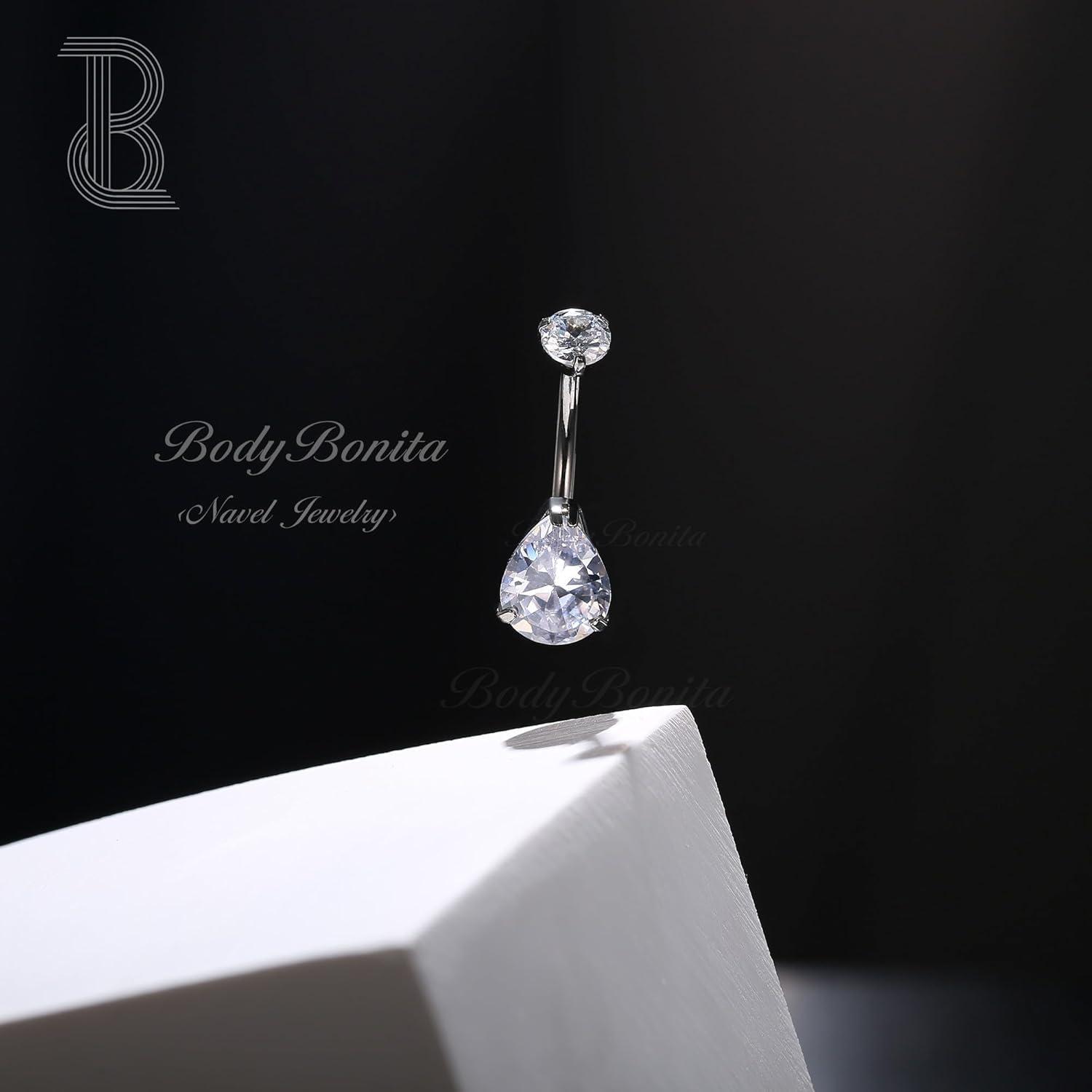 imageBodyBonita G23 Titanium Belly Button Rings 14G Internally Threaded 14mm Belly Ring Round Square Star Teardrop CZ Navel Rings for WomenTeardropSmall
