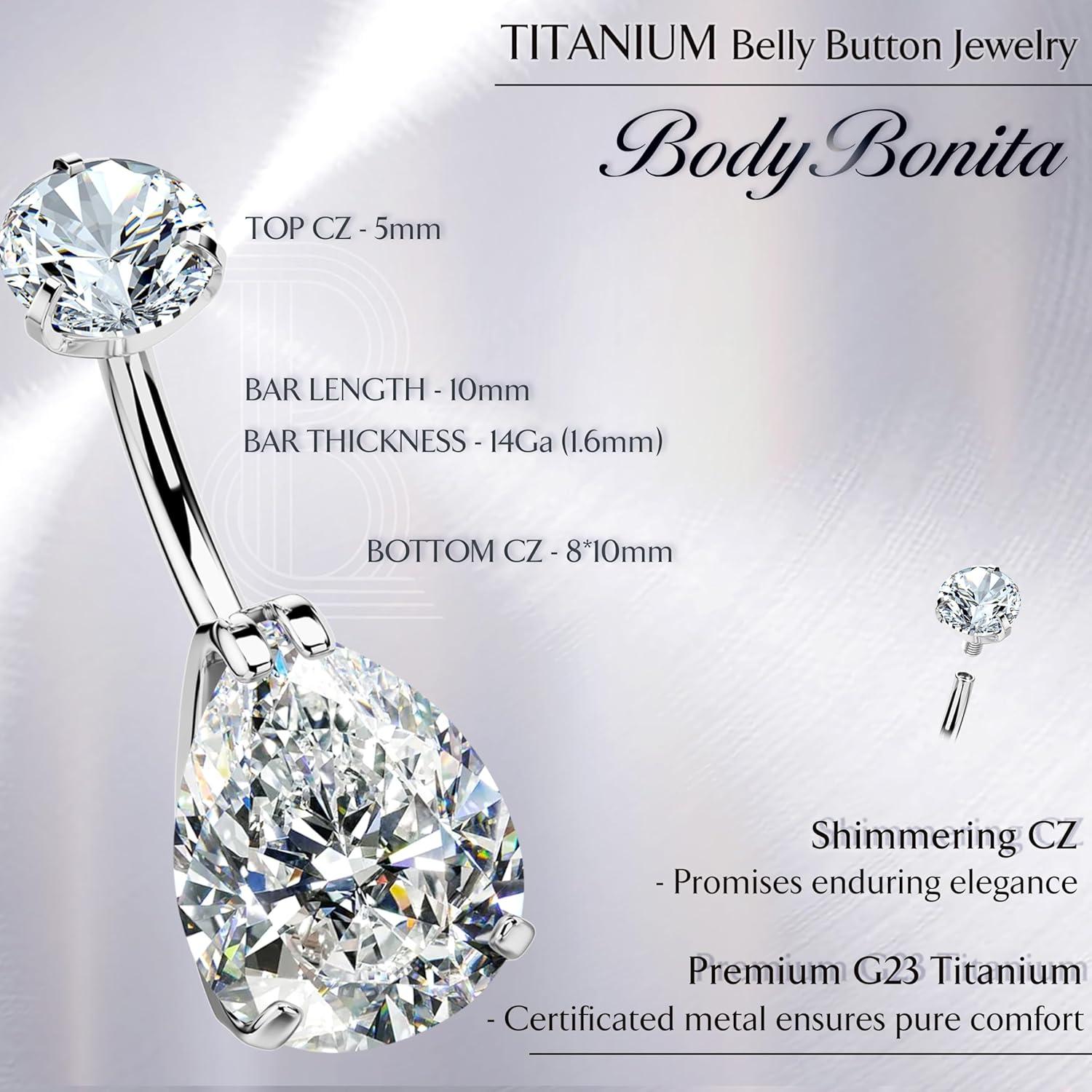 imageBodyBonita G23 Titanium Belly Button Rings 14G Internally Threaded 14mm Belly Ring Round Square Star Teardrop CZ Navel Rings for WomenTeardropSmall
