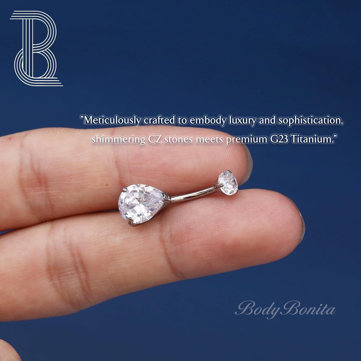 imageBodyBonita G23 Titanium Belly Button Rings 14G Internally Threaded 14mm Belly Ring Round Square Star Teardrop CZ Navel Rings for WomenTeardropSmall