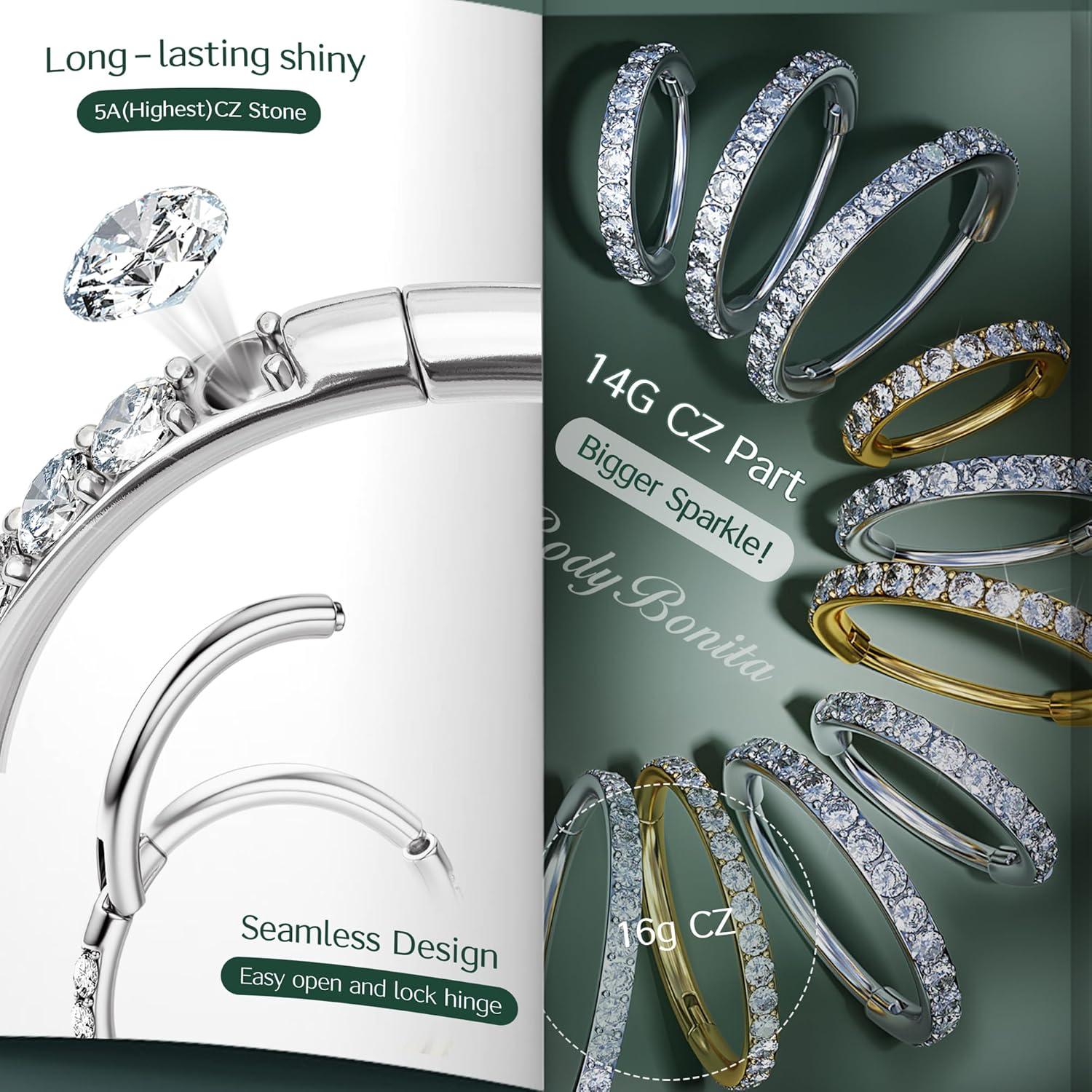 imageBodyBonita G23 Titanium CZ Nose Rings Hoops 20G18G16G14G Septum Rings Nose Hoop Clicker Cartilage Earring for Women Helix Rook Tragus Conch Piercing Jewelry Daith Ring Silver14k Gold PlatedSilver Bigger Clear CZ5A