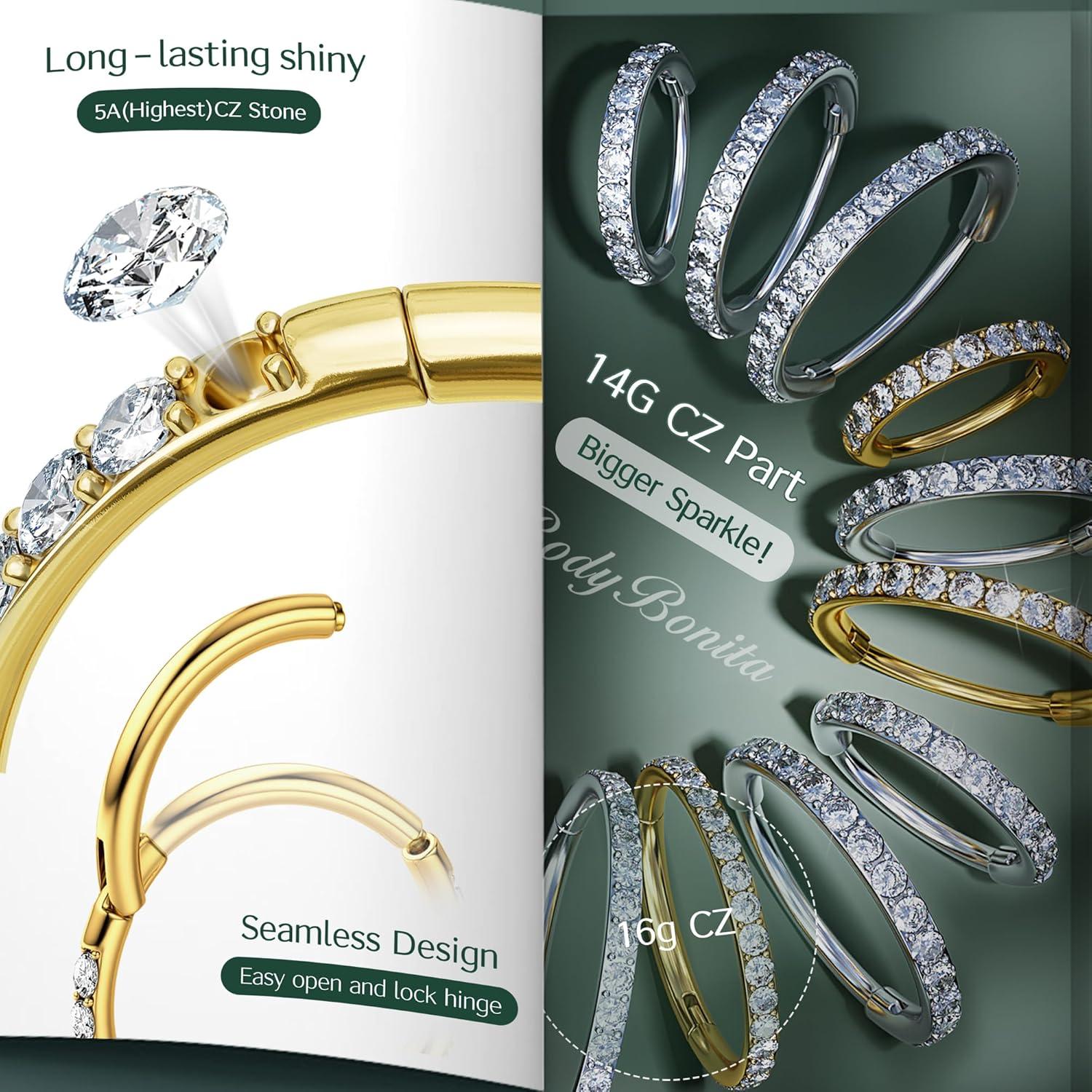 imageBodyBonita G23 Titanium CZ Nose Rings Hoops 20G18G16G14G Septum Rings Nose Hoop Clicker Cartilage Earring for Women Helix Rook Tragus Conch Piercing Jewelry Daith Ring Silver14k Gold PlatedGold Bigger Clear CZ5A